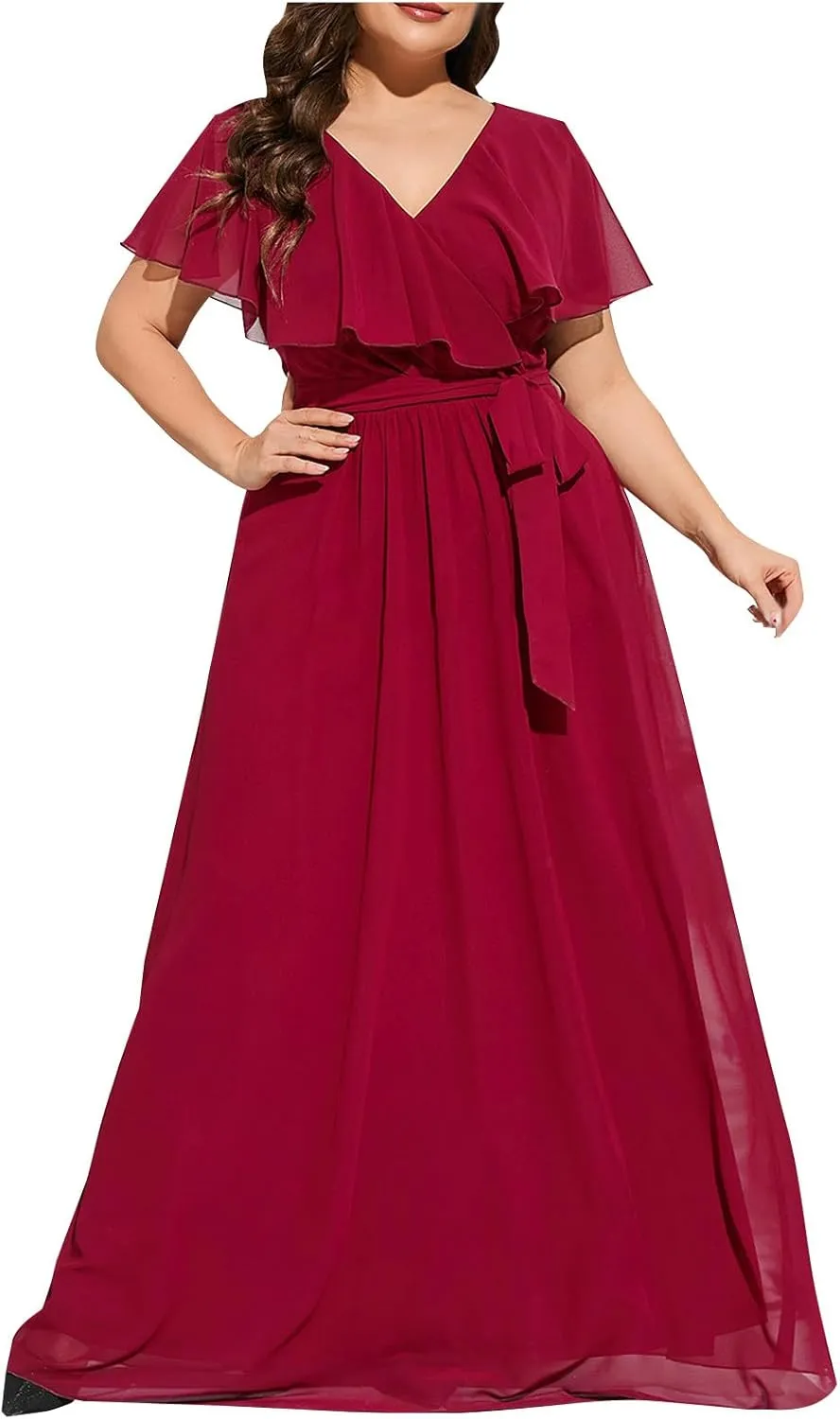 Women Plus Size Maxi Dress Ruffle Short Sleeve Wrap Long Dress Summer Chiffon V Neck Cocktail Elegant Formal Dresses