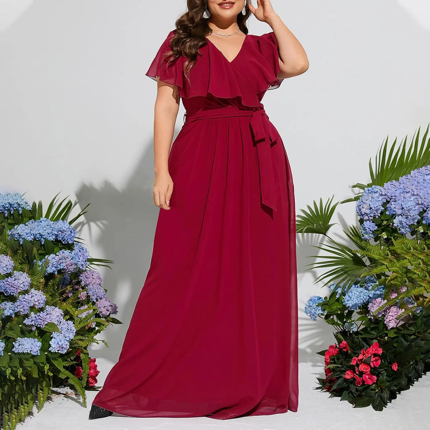 Women Plus Size Maxi Dress Ruffle Short Sleeve Wrap Long Dress Summer Chiffon V Neck Cocktail Elegant Formal Dresses