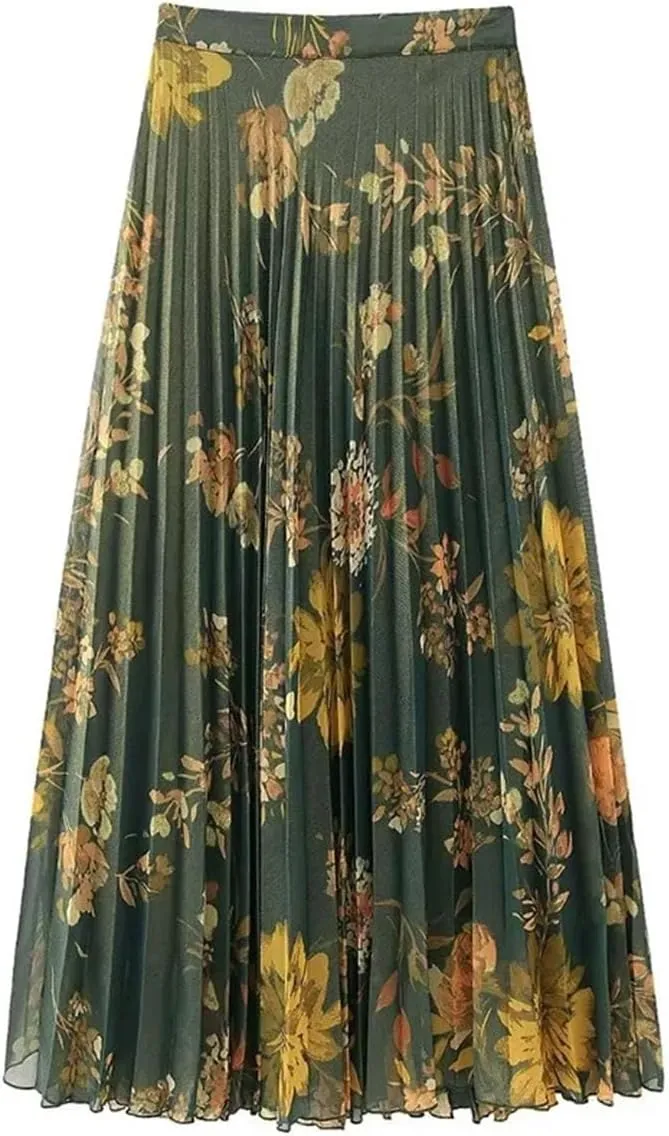 Women Printed Pleated Side Zipper Midi Skirt Vintage High Waist Female Casual Skirts