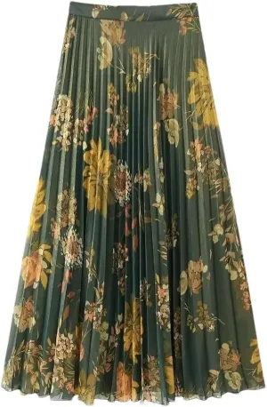 Women Printed Pleated Side Zipper Midi Skirt Vintage High Waist Female Casual Skirts