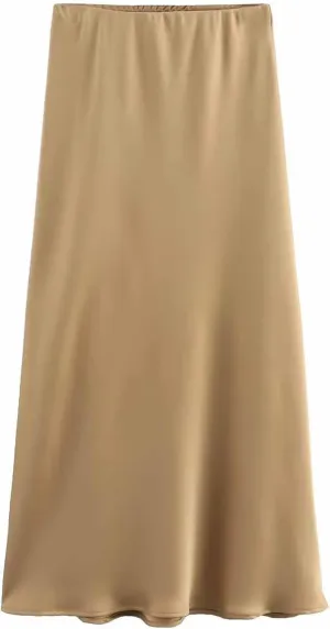 Women Satin Basic Midi Skirt Bodycon High Waist Pencil Skirts Elegant Casual Slim Fit Work Skirt for Going Out