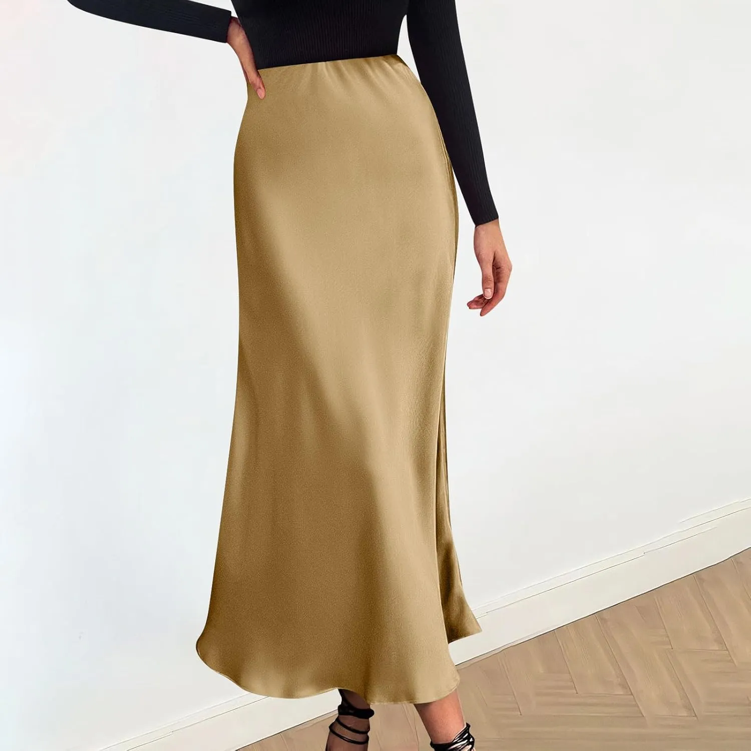 Women Satin Basic Midi Skirt Bodycon High Waist Pencil Skirts Elegant Casual Slim Fit Work Skirt for Going Out