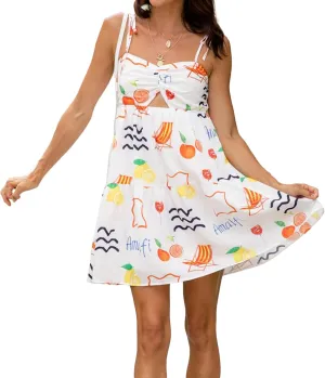 Women Spaghetti Strap Backless Flowy Mini Dress Fruit Print Tie-up Cutout Swing Summer Beach Sundress