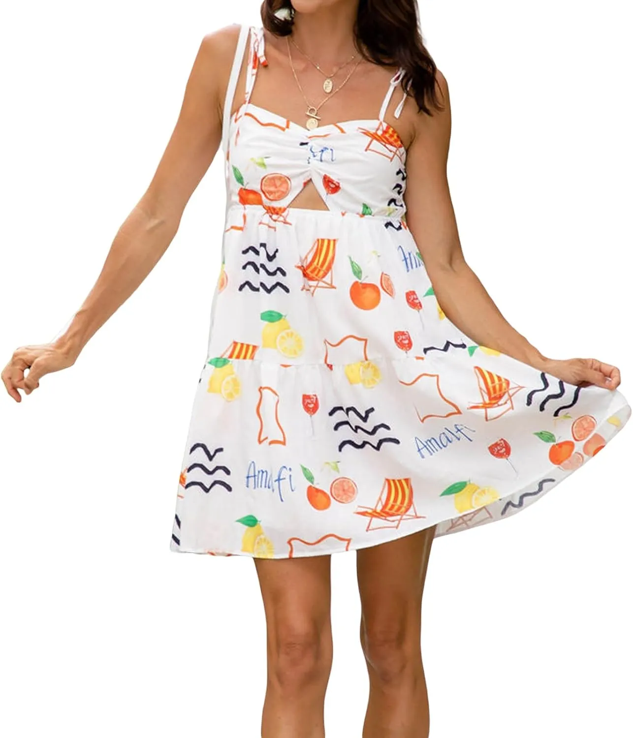 Women Spaghetti Strap Backless Flowy Mini Dress Fruit Print Tie-up Cutout Swing Summer Beach Sundress