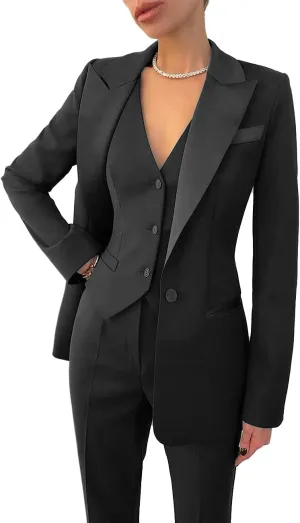 Women Suit Slim Fit Elegance Notch Lapel 3 Piece Workplace Style Jacket(Blazer Vest Pants