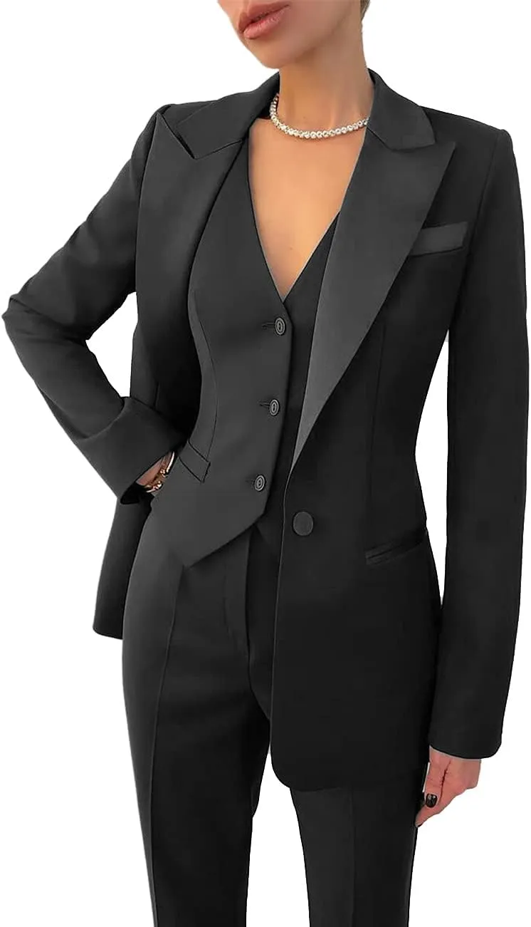 Women Suit Slim Fit Elegance Notch Lapel 3 Piece Workplace Style Jacket(Blazer Vest Pants