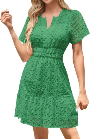 Women Summer Hollow Out Mini Dress Short Sleeve V Neck Lace Smocked Waist Ruffle A Line Beach Party Short Sundress