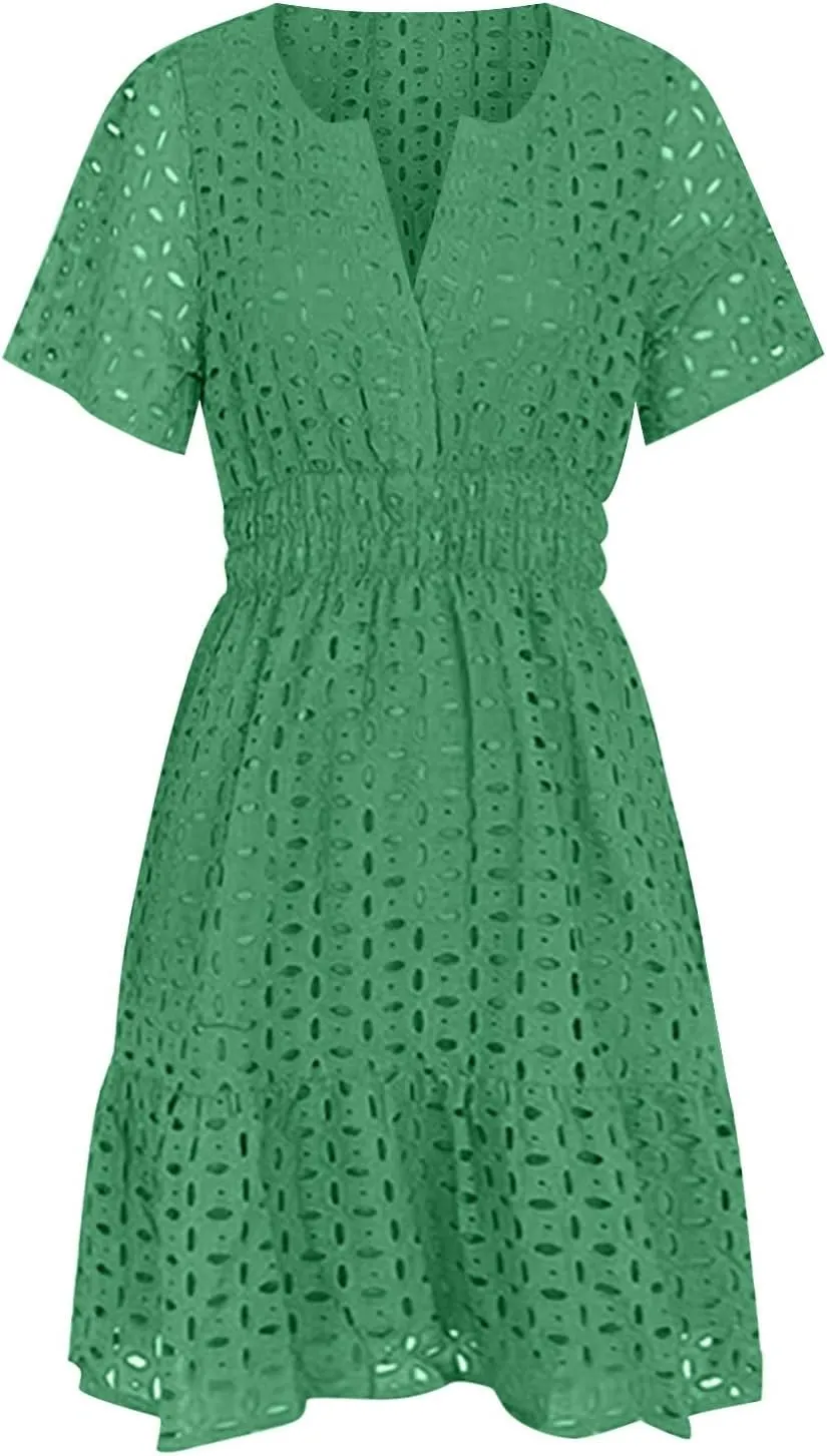 Women Summer Hollow Out Mini Dress Short Sleeve V Neck Lace Smocked Waist Ruffle A Line Beach Party Short Sundress