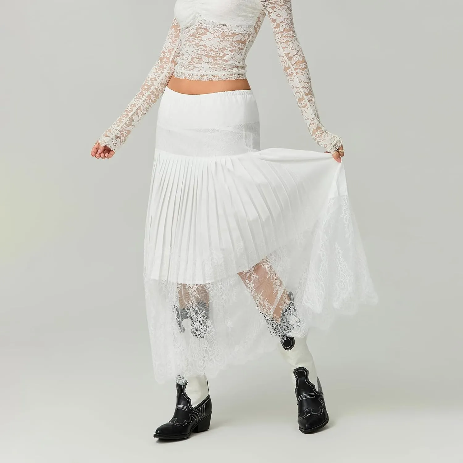 Women Summer Pleated Skirt Casual Floral Lace Elastic A-Line Midi Skirt for Beach Vacation Club Streetwear