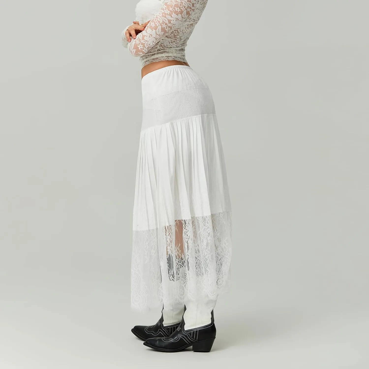 Women Summer Pleated Skirt Casual Floral Lace Elastic A-Line Midi Skirt for Beach Vacation Club Streetwear