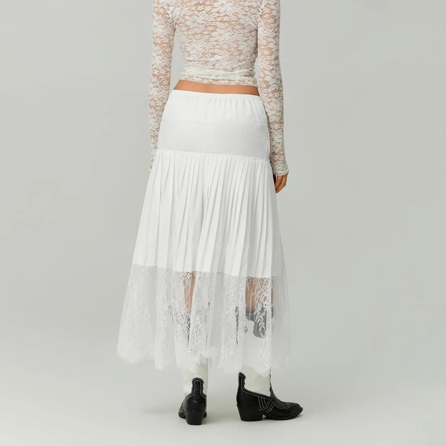 Women Summer Pleated Skirt Casual Floral Lace Elastic A-Line Midi Skirt for Beach Vacation Club Streetwear
