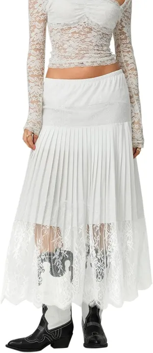 Women Summer Pleated Skirt Casual Floral Lace Elastic A-Line Midi Skirt for Beach Vacation Club Streetwear