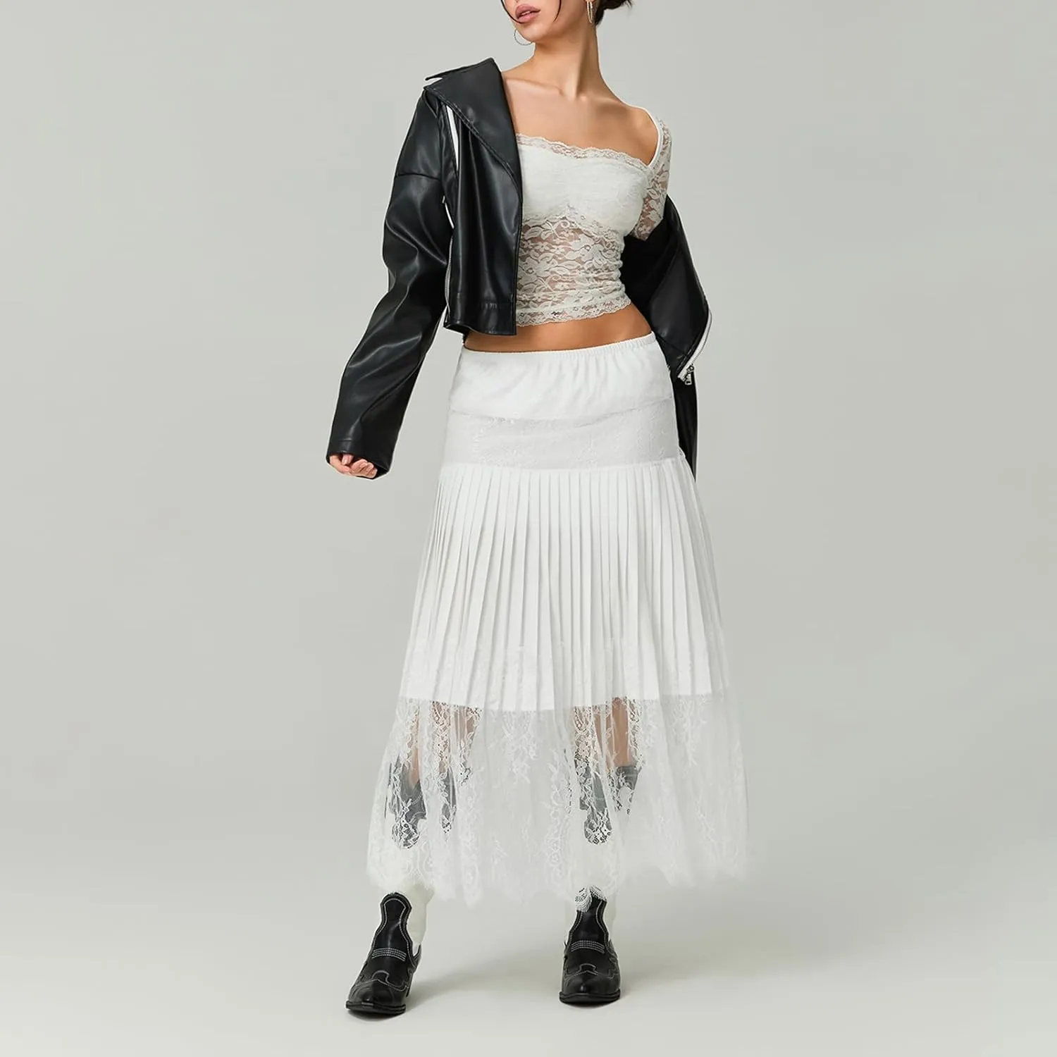 Women Summer Pleated Skirt Casual Floral Lace Elastic A-Line Midi Skirt for Beach Vacation Club Streetwear