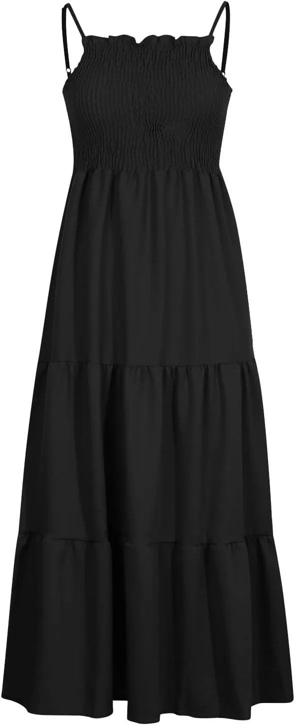 Women Summer Spaghetti Strap Maxi Dress Smocked Ruffle Swing Sundress Flowy Boho Beach Dresses Vacation Midi