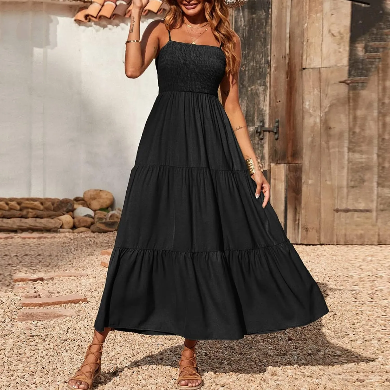Women Summer Spaghetti Strap Maxi Dress Smocked Ruffle Swing Sundress Flowy Boho Beach Dresses Vacation Midi