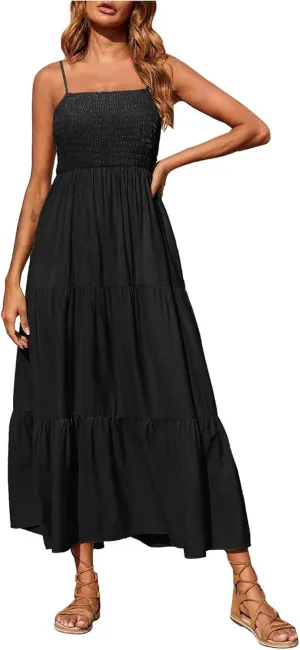 Women Summer Spaghetti Strap Maxi Dress Smocked Ruffle Swing Sundress Flowy Boho Beach Dresses Vacation Midi