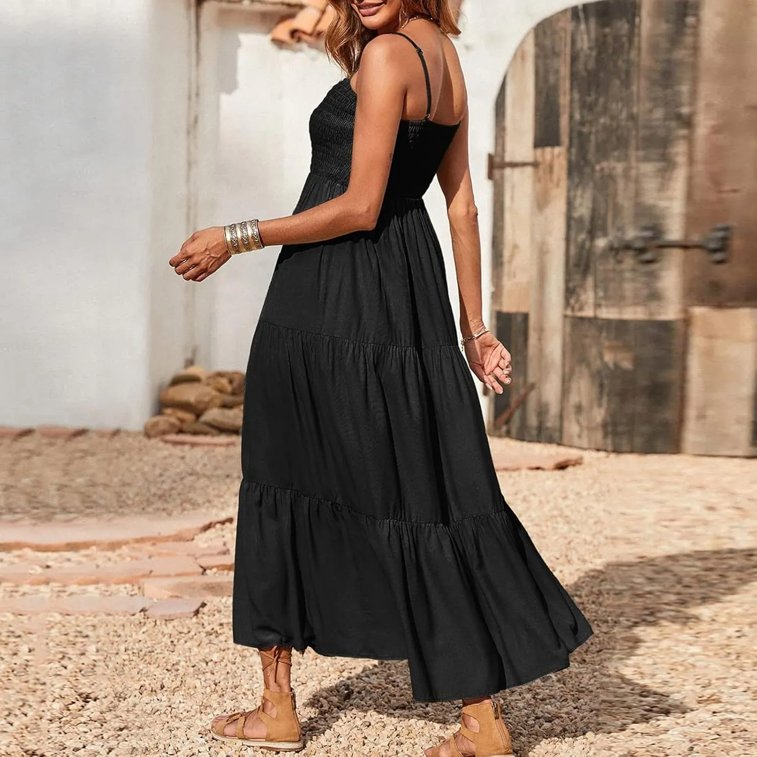 Women Summer Spaghetti Strap Maxi Dress Smocked Ruffle Swing Sundress Flowy Boho Beach Dresses Vacation Midi