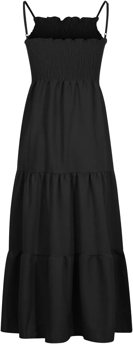 Women Summer Spaghetti Strap Maxi Dress Smocked Ruffle Swing Sundress Flowy Boho Beach Dresses Vacation Midi