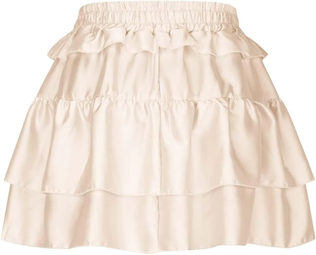 Women Tiered Layer Ruffle Hem Mini Skirt, High Waisted Elastic Drawstring Streetwear Trendy Clothes Club Party Skirts