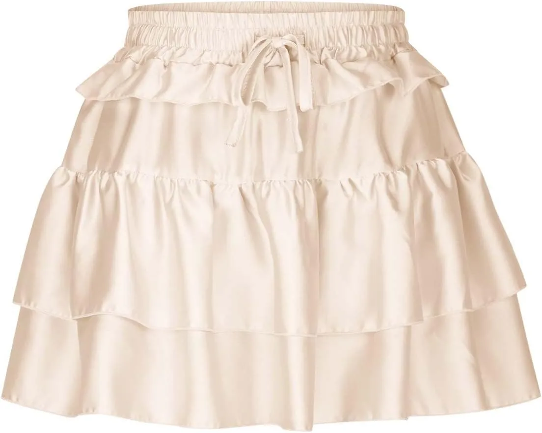 Women Tiered Layer Ruffle Hem Mini Skirt, High Waisted Elastic Drawstring Streetwear Trendy Clothes Club Party Skirts