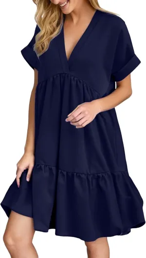 Women V Neck Flowy Babydoll Dresses 2025 Summer Short Sleeve Swing Shift Loose Casual Mini Tunic Dress