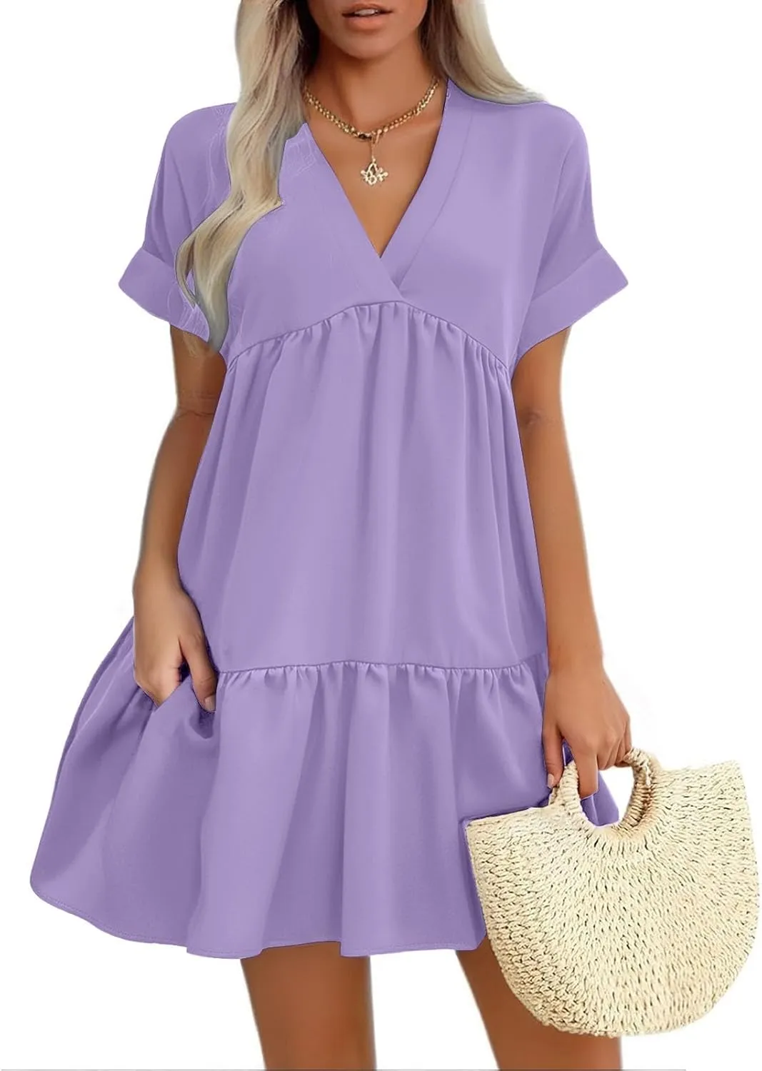 Women V Neck Flowy Babydoll Dresses 2025 Summer Short Sleeve Swing Shift Loose Casual Mini Tunic Dress