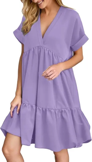 Women V Neck Flowy Babydoll Dresses 2025 Summer Short Sleeve Swing Shift Loose Casual Mini Tunic Dress