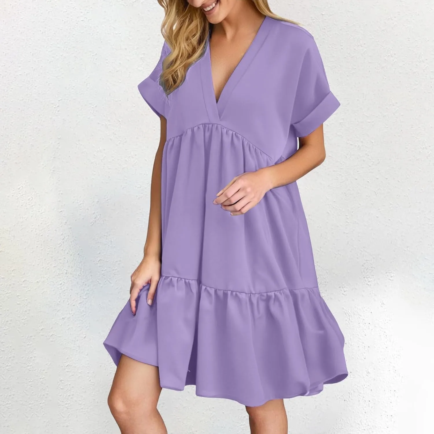 Women V Neck Flowy Babydoll Dresses 2025 Summer Short Sleeve Swing Shift Loose Casual Mini Tunic Dress
