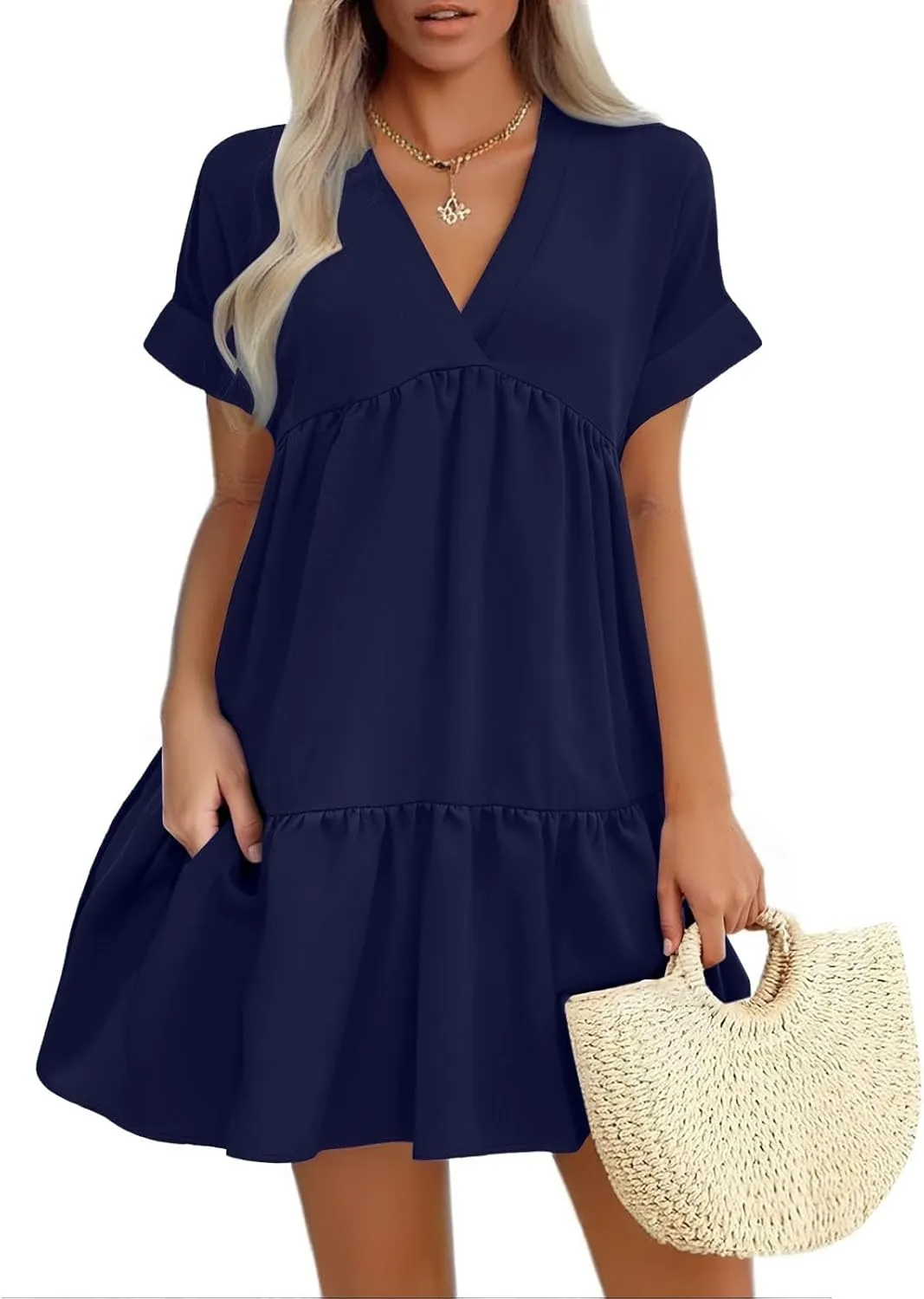 Women V Neck Flowy Babydoll Dresses 2025 Summer Short Sleeve Swing Shift Loose Casual Mini Tunic Dress
