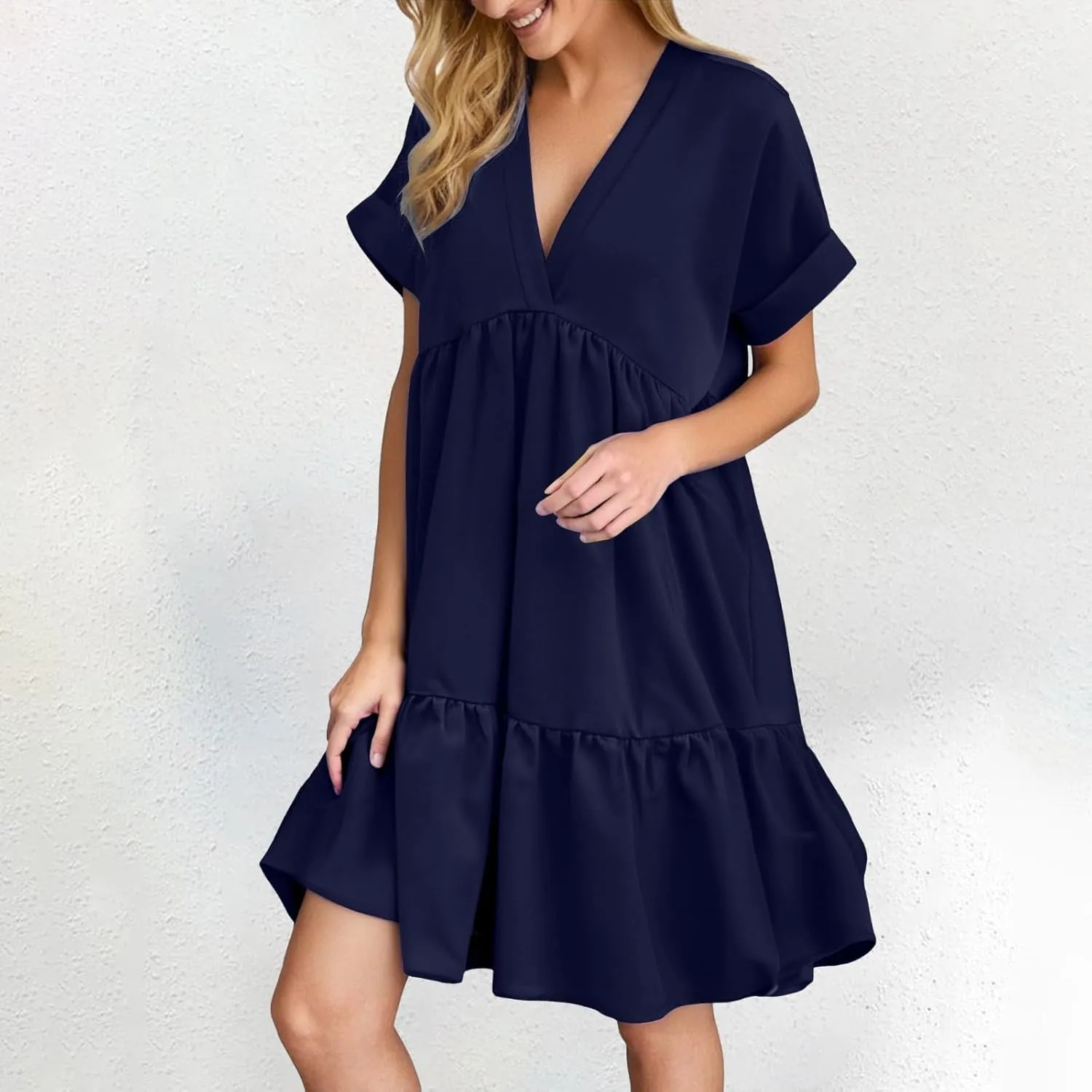Women V Neck Flowy Babydoll Dresses 2025 Summer Short Sleeve Swing Shift Loose Casual Mini Tunic Dress
