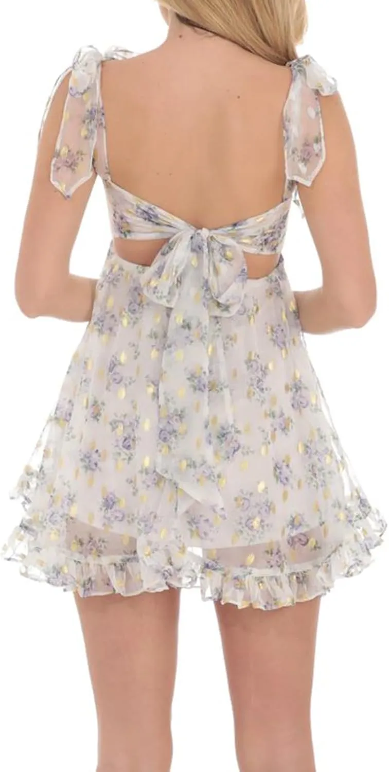 Women Y2k Tulle Babydoll Mini Dress Tie Shoulder Sleeveless Ruffled A-Line Flowy Short Dress Beach Streetwear