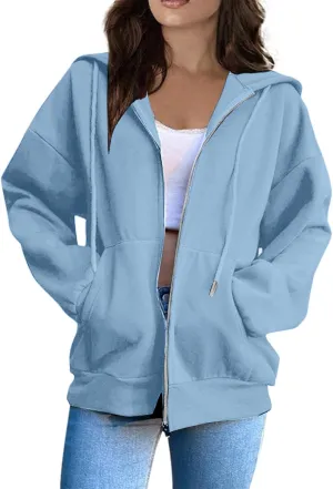 Women Zip Up Hoodie Long Sleeve Oversized Sweatshirts Y2K Jacket Pockets Patchwork Design Drawstring Hooded Jacket
