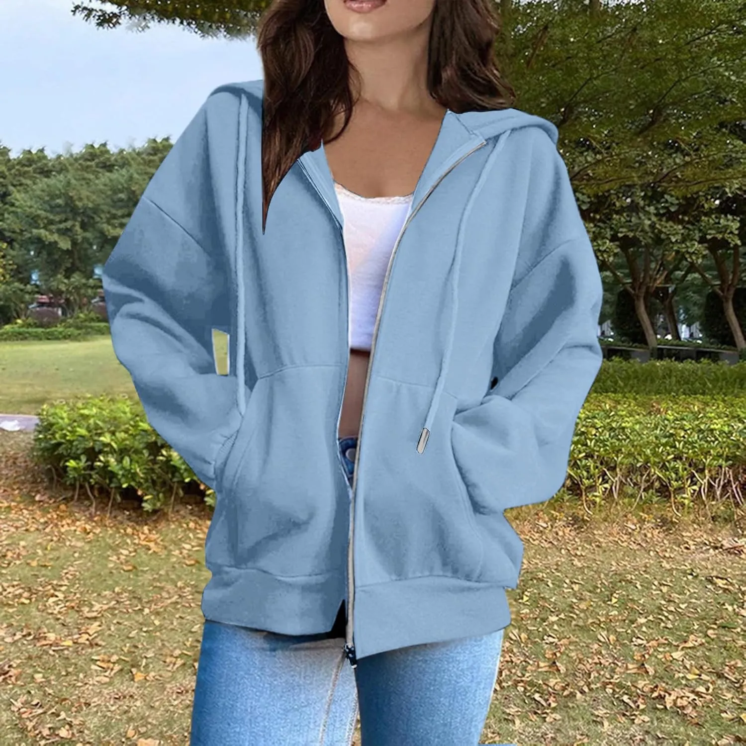 Women Zip Up Hoodie Long Sleeve Oversized Sweatshirts Y2K Jacket Pockets Patchwork Design Drawstring Hooded Jacket