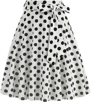 Women's 1950s Pleated Vintage Skirt Polka Dot A-line Midi Skirts Flared High Waisted Short Skirts with Belted