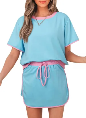 Women's 2 Piece Sets Summer Casual Short Sleeve Tops and Matching Drawstring Skort Going Out Lounge Outfits
