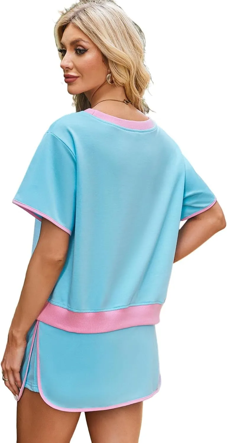 Women's 2 Piece Sets Summer Casual Short Sleeve Tops and Matching Drawstring Skort Going Out Lounge Outfits