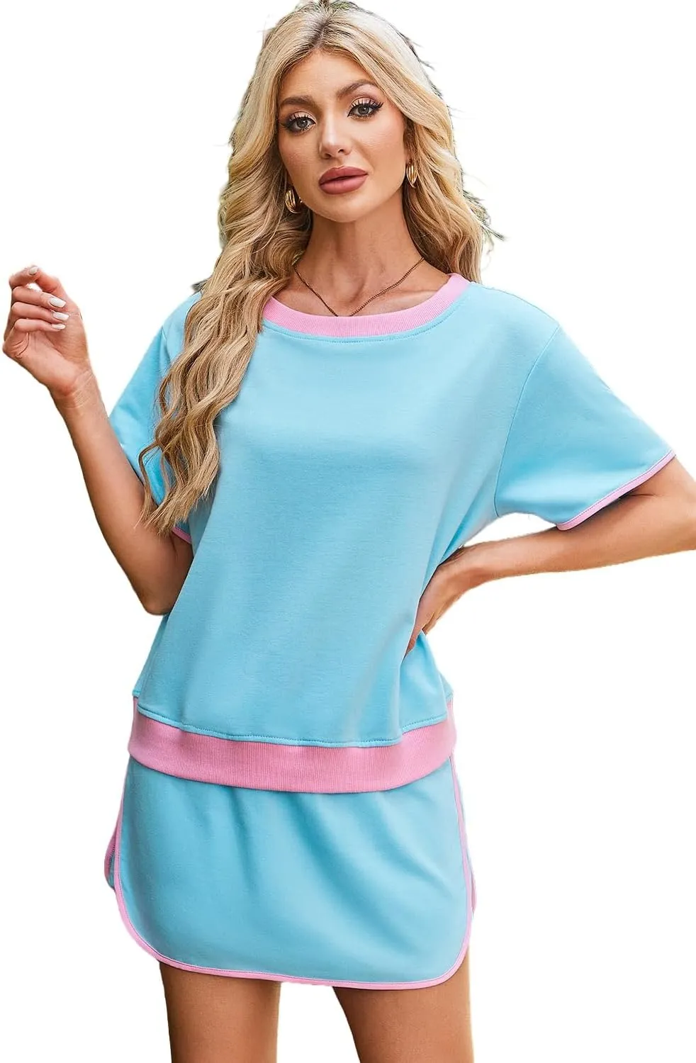 Women's 2 Piece Sets Summer Casual Short Sleeve Tops and Matching Drawstring Skort Going Out Lounge Outfits