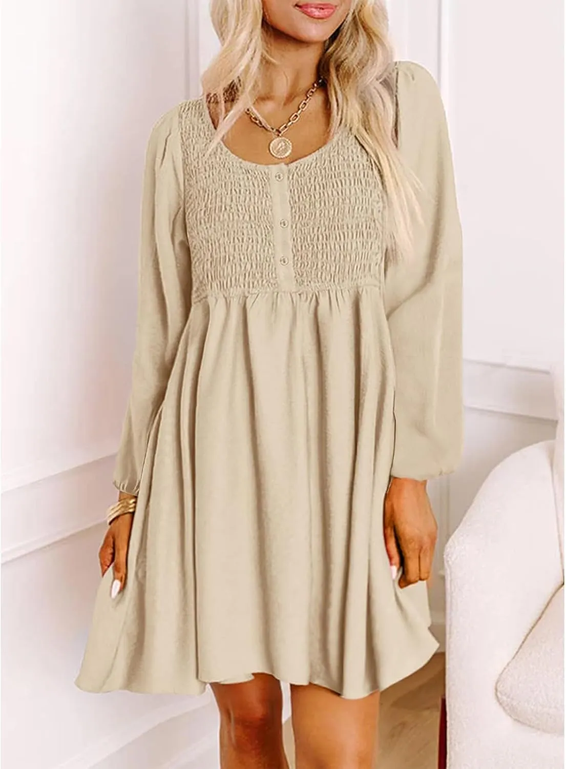 Womens 2024 Casual Dress Smocked Crewneck Button Up Long Sleeve Dresses Pleated Ruffle Flowy A-Line Waist Mini Dress
