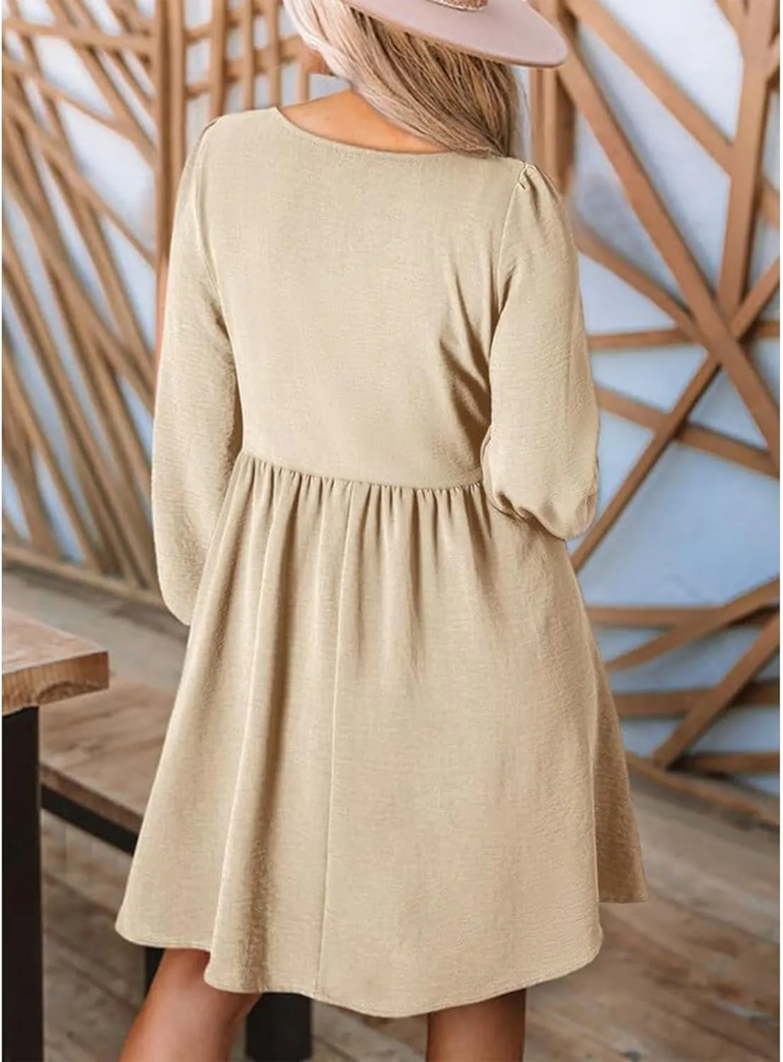 Womens 2024 Casual Dress Smocked Crewneck Button Up Long Sleeve Dresses Pleated Ruffle Flowy A-Line Waist Mini Dress