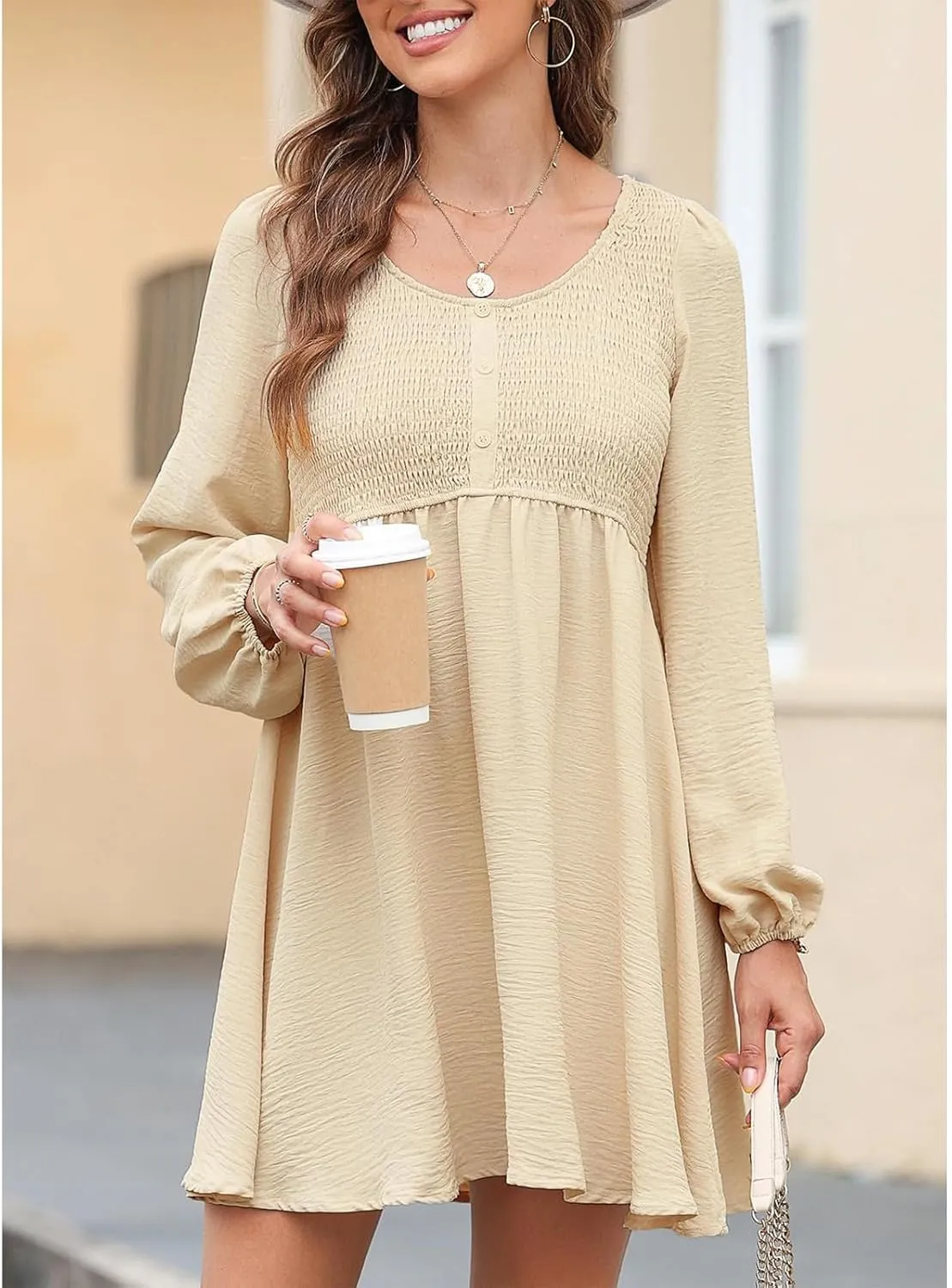 Womens 2024 Casual Dress Smocked Crewneck Button Up Long Sleeve Dresses Pleated Ruffle Flowy A-Line Waist Mini Dress