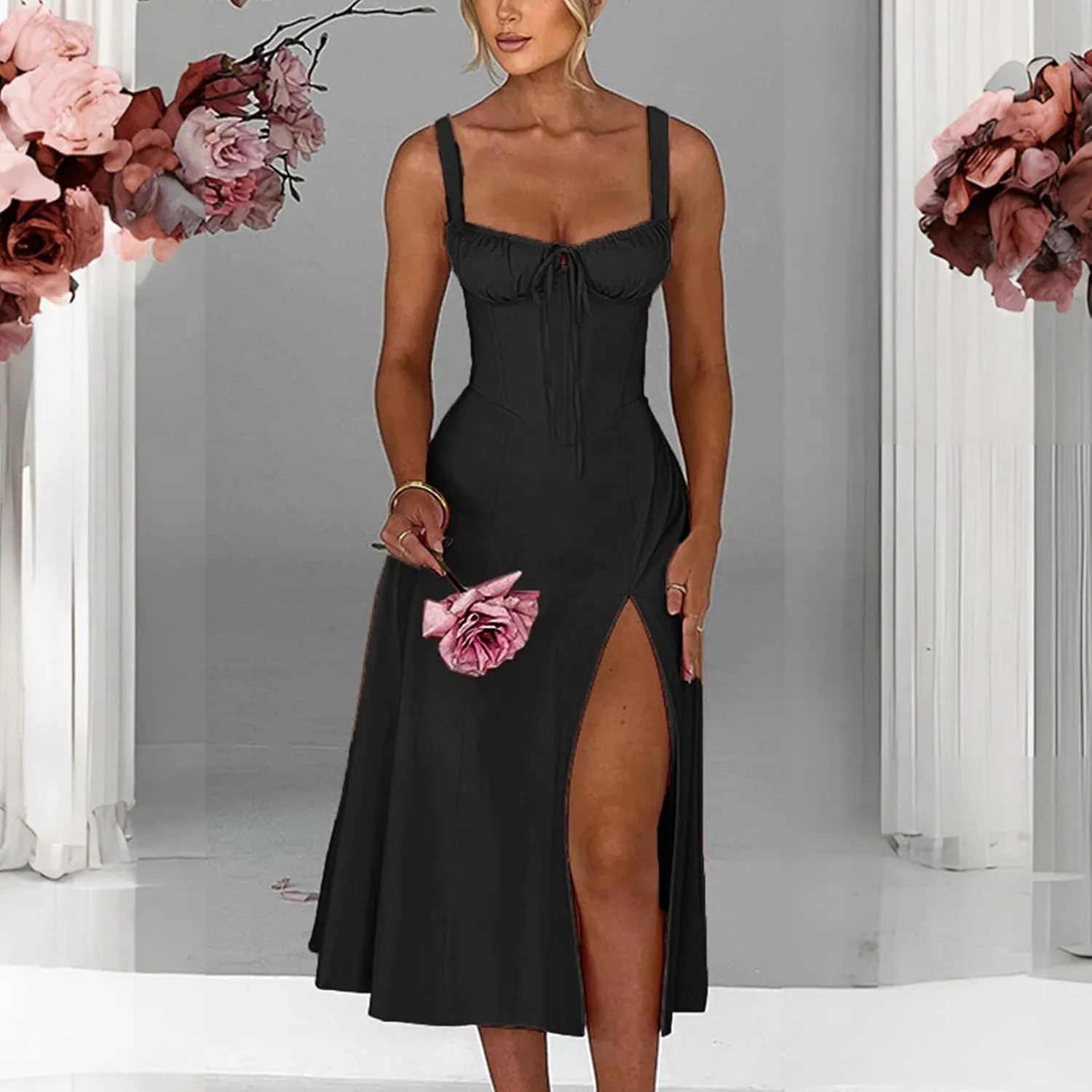 Womens 2024 Summer Maxi Dress Sleeveless Floral Spaghetti Strap Smocked Boho Beach Long Dress