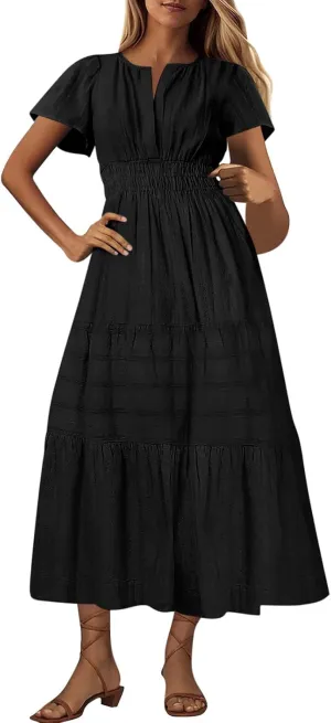 Women's 2025 Summer Short Sleeve V Neck Midi Dress Casual Loose Smocked Elastic Waist Boho Beach Swing Dresses