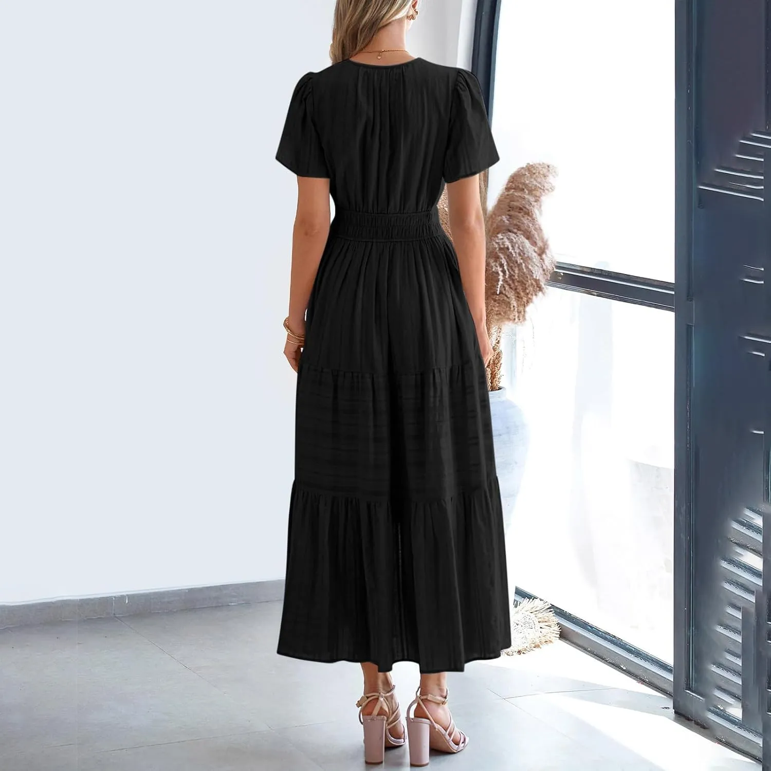 Women's 2025 Summer Short Sleeve V Neck Midi Dress Casual Loose Smocked Elastic Waist Boho Beach Swing Dresses