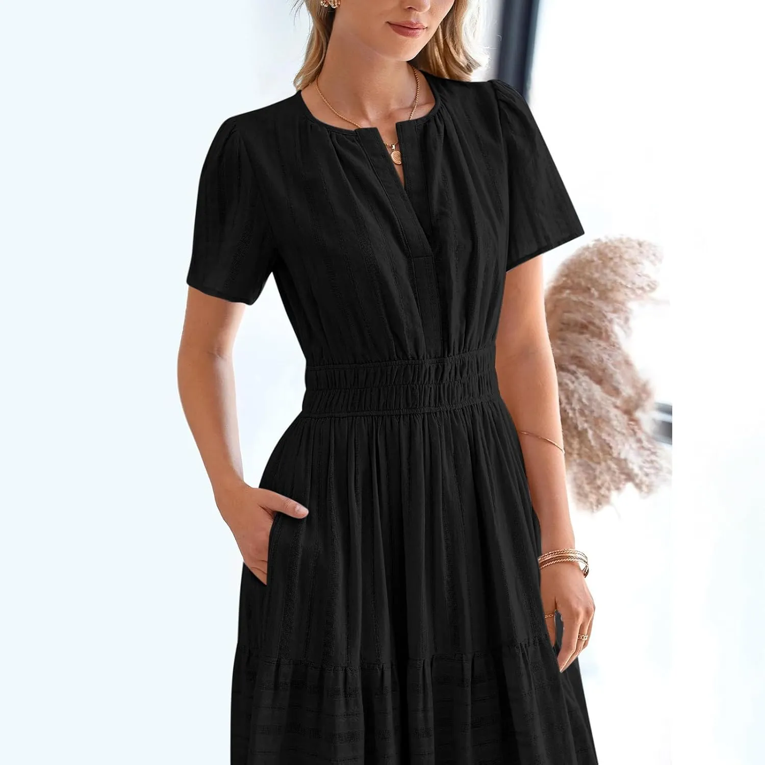Women's 2025 Summer Short Sleeve V Neck Midi Dress Casual Loose Smocked Elastic Waist Boho Beach Swing Dresses
