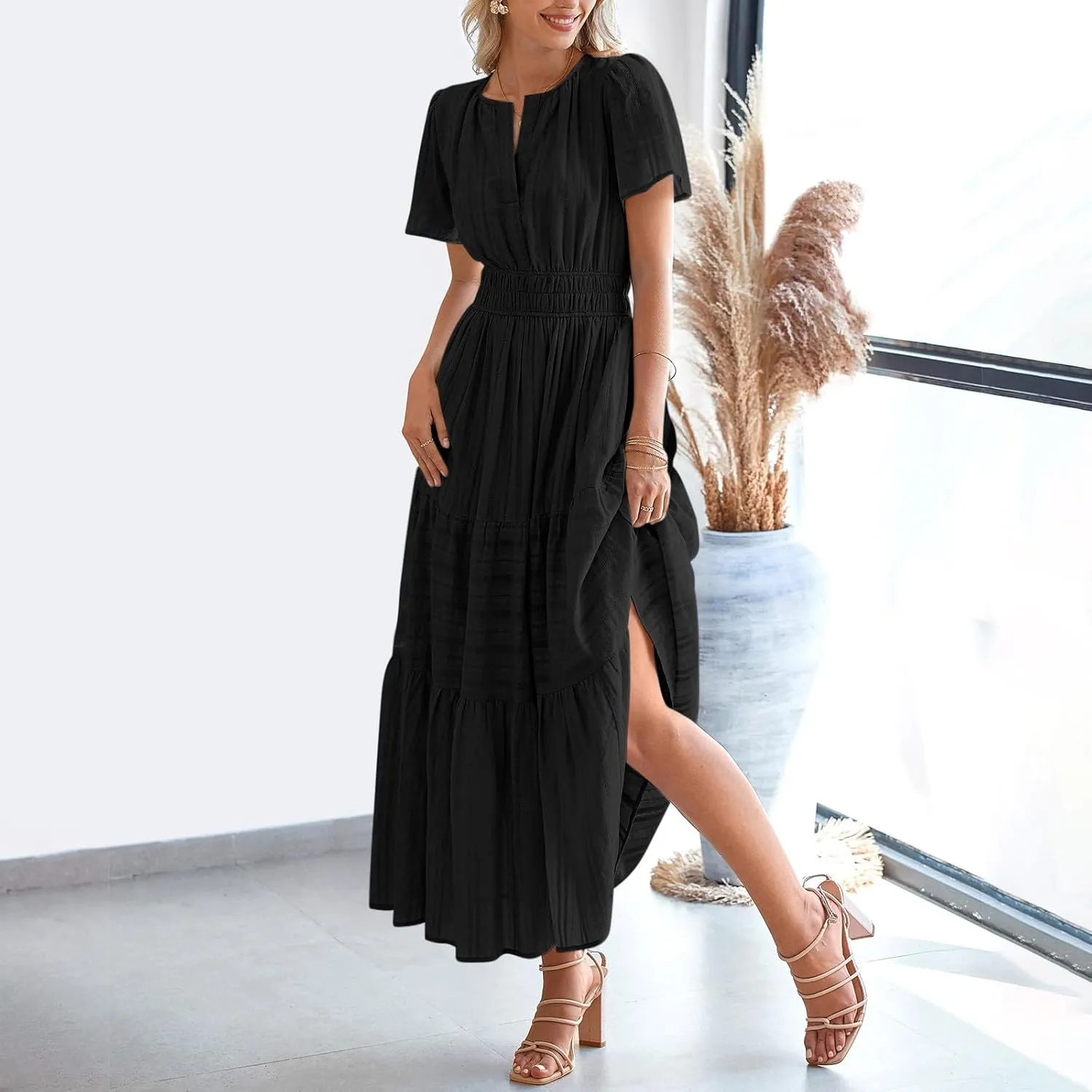 Women's 2025 Summer Short Sleeve V Neck Midi Dress Casual Loose Smocked Elastic Waist Boho Beach Swing Dresses