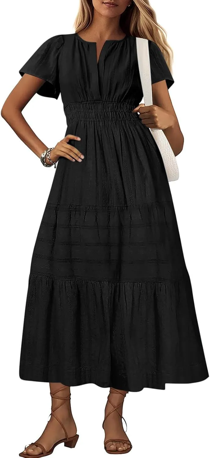 Women's 2025 Summer Short Sleeve V Neck Midi Dress Casual Loose Smocked Elastic Waist Boho Beach Swing Dresses