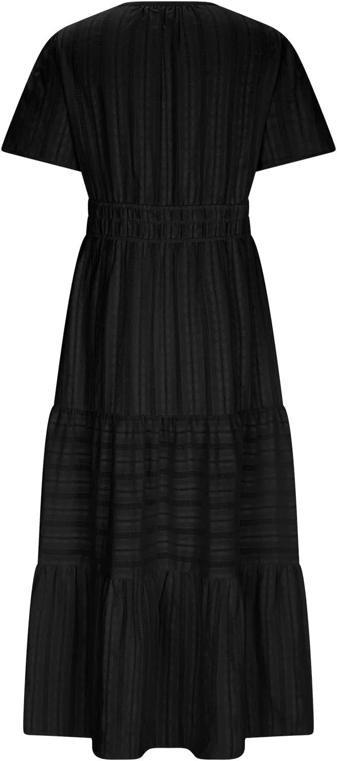 Women's 2025 Summer Short Sleeve V Neck Midi Dress Casual Loose Smocked Elastic Waist Boho Beach Swing Dresses