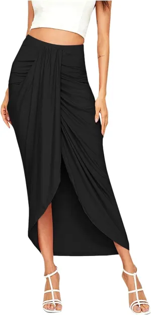Womens Asymmetrical Solid Split Wrap High Low Casual Pleated Maxi Skirt Holiday Skirt High Rise Summer Skirt 2023