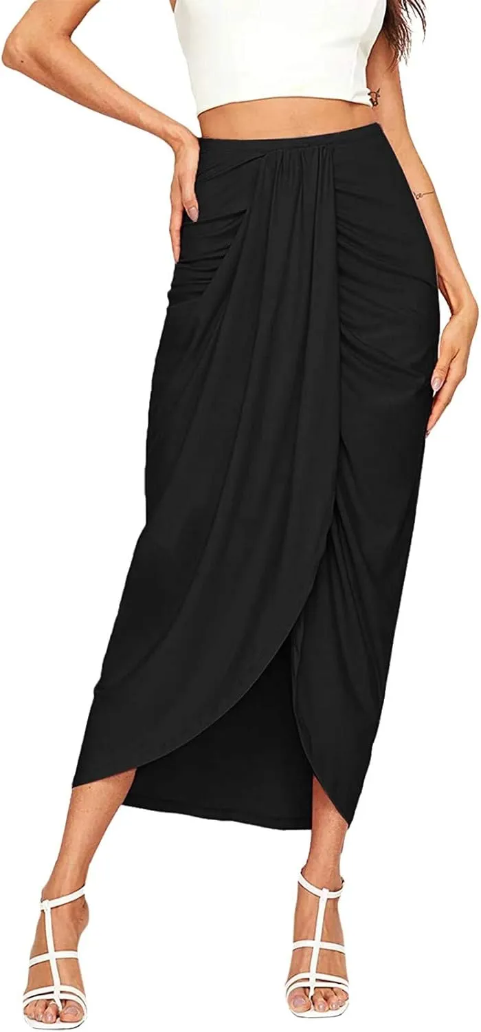 Womens Asymmetrical Solid Split Wrap High Low Casual Pleated Maxi Skirt Holiday Skirt High Rise Summer Skirt 2023