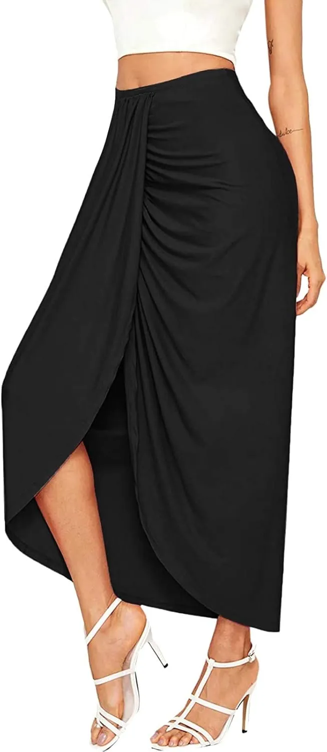 Womens Asymmetrical Solid Split Wrap High Low Casual Pleated Maxi Skirt Holiday Skirt High Rise Summer Skirt 2023